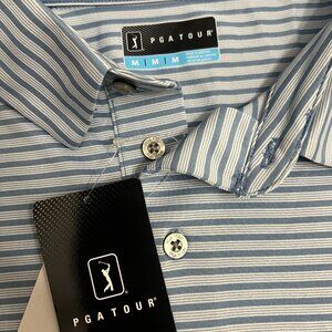 Mens PGA Tour Golf Polo Light Blue and White Stripe Size Medium